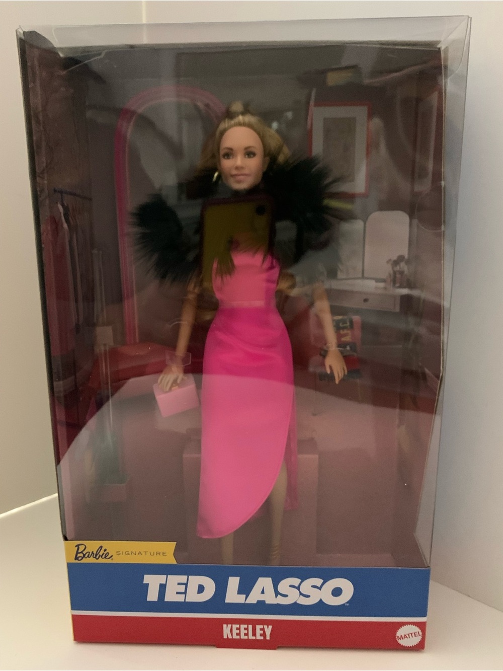 Barbie x Ted Lasso Keeley Jones Doll in Hot Pink Gown with Black Feather Cape